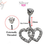 Silver Belly Bars, Belly Piercing - Double Heart Belly Ring with High Quality Oval CZ Crystals - Navel Jewelry - 14g (1.6mm) Length is 10mm