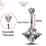 Silver Belly Bars, Belly Piercing - Diamond Shape Belly Ring with High Quality Oval CZ Crystals - Navel Jewelry - 14g (1.6mm) Length is 10mm