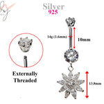 Silver Belly Bars, Navel Ring - Dangle Flower Belly Piercing with CZ Crystals - Navel Jewelry - 14g (1.6mm) Length is 10mm