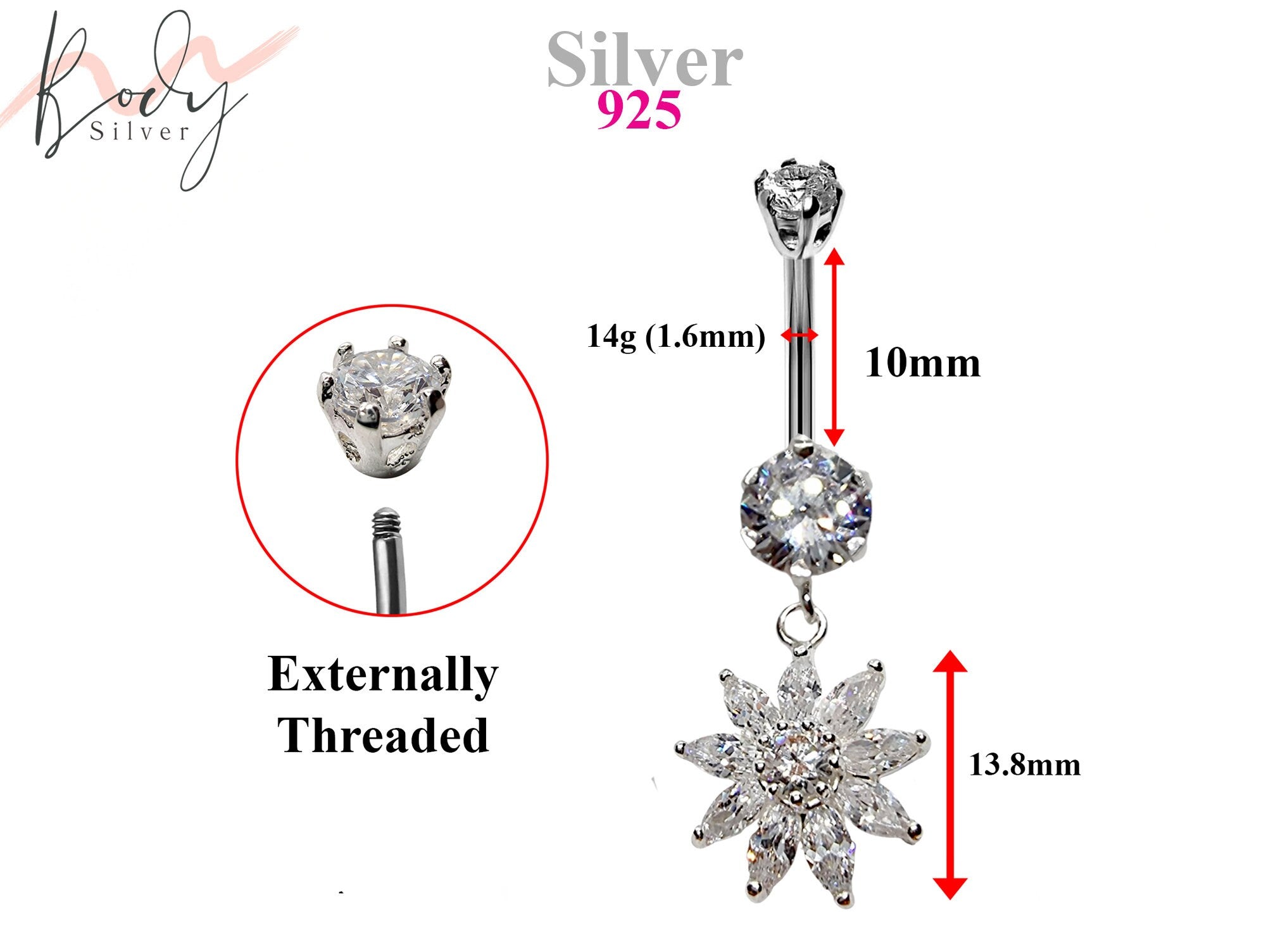 Silver Belly Bars, Navel Ring - Dangle Flower Belly Piercing with CZ Crystals - Navel Jewelry - 14g (1.6mm) Length is 10mm