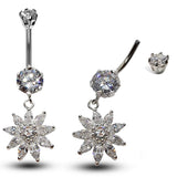 Silver Belly Bars, Navel Ring - Dangle Flower Belly Piercing with CZ Crystals - Navel Jewelry - 14g (1.6mm) Length is 10mm