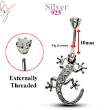 Silver Belly Button Piercing, Belly Bars - Gecko Lizard Belly Ring with High Quality CZ Crystals - Navel Ring - 14g (1.6mm) Length is 10mm