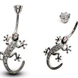 Silver Belly Button Piercing, Belly Bars - Gecko Lizard Belly Ring with High Quality CZ Crystals - Navel Ring - 14g (1.6mm) Length is 10mm