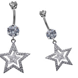 Silver Belly Bars, Belly Piercing - Double Star Belly Button Ring with High Quality CZ Crystals - Navel Jewelry - 14g (1.6mm) Length is 10mm