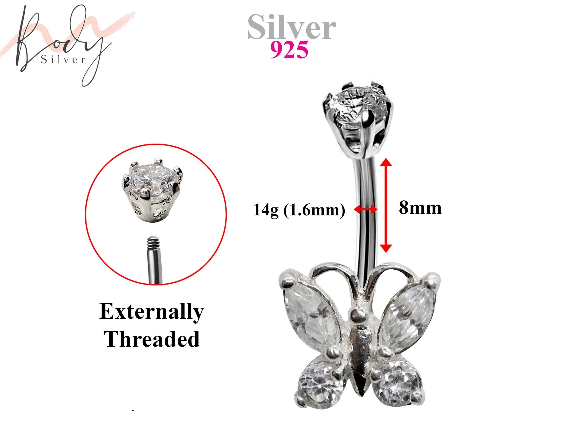 Silver Belly Bars, Navel Ring - Butterfly Belly Ring with High Quality CZ Crystals - Curved Barbell - 14g (1.6mm) Length is 8mm