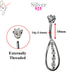 Silver Belly Button Piercing, Belly Bars - Tear Drop Belly Ring with Round Quality CZ Crystals - Navel Ring - 14g (1.6mm) Length is 10mm