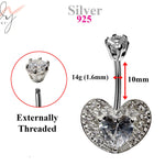 Silver Belly Button Piercing, Belly Bars - Heart Belly Ring Studded with Quality CZ Crystals - Navel Ring - 14g (1.6mm) Length is 10mm