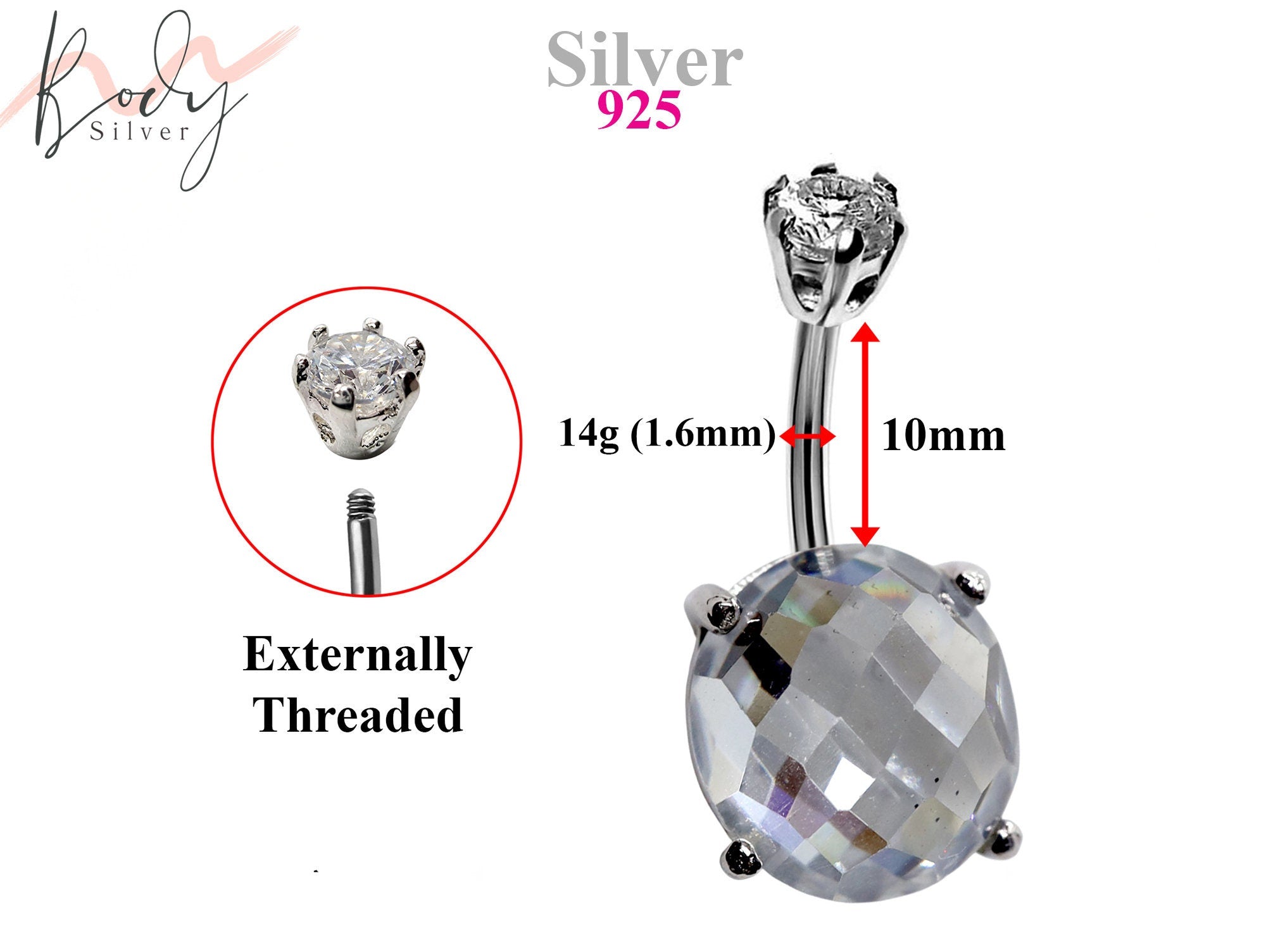 Silver Belly Button Piercing, Belly Bars - Diamond Cut Round Belly Ring with Quality CZ Crystals - Navel Ring - 14g (1.6mm) Length is 10mm