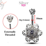 Silver Belly Button Piercing, Belly Bars - Flower Belly Ring with High Quality CZ Crystals - Navel Ring - 14g (1.6mm) Length is 10mm