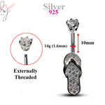 Silver Belly Button Rings, Navel Piercing - Flip Flop Belly Piercing with High Quality CZ Crystals -Navel Jewelry-14g (1.6mm) Length is 10mm