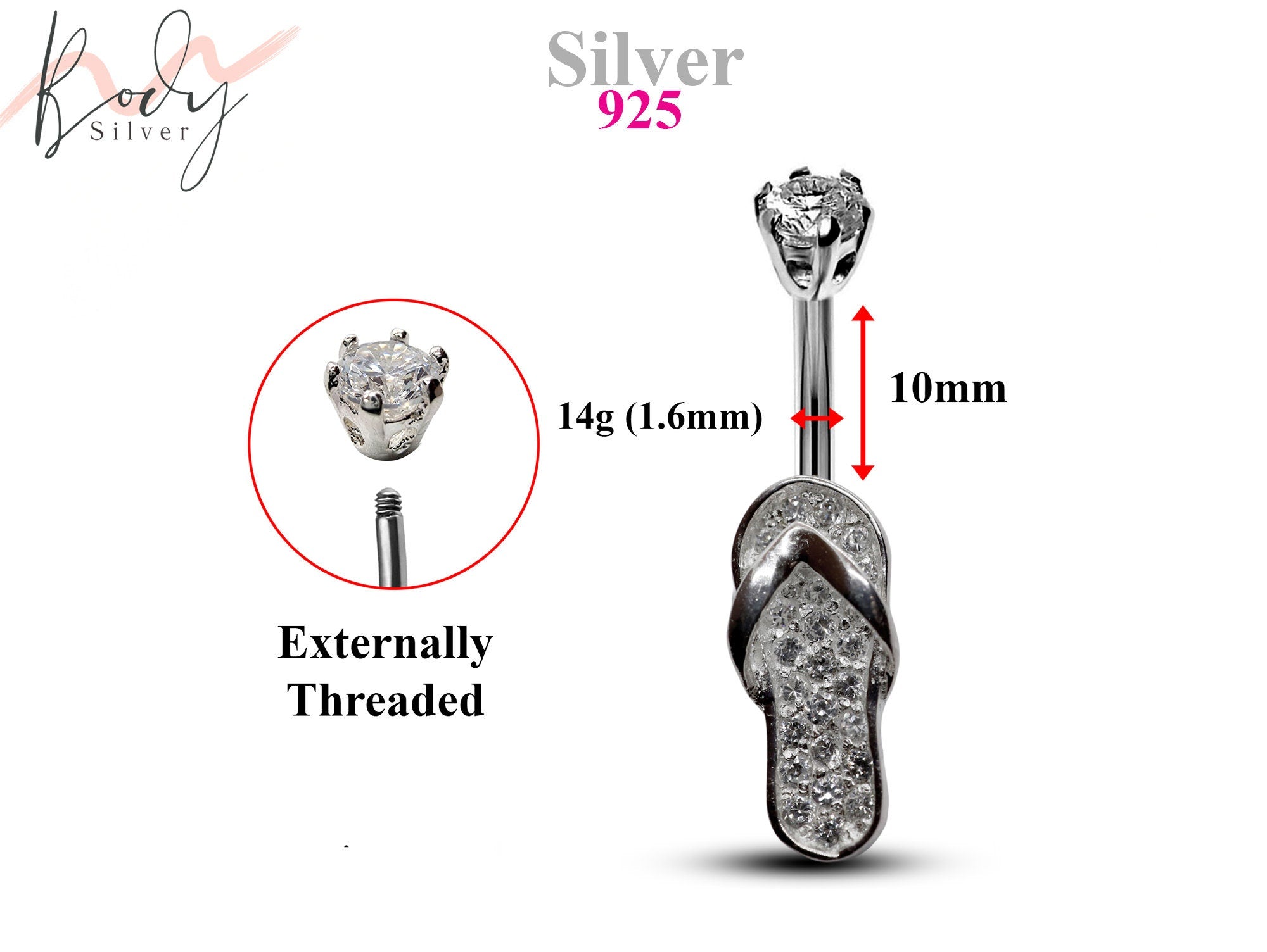 Silver Belly Button Rings, Navel Piercing - Flip Flop Belly Piercing with High Quality CZ Crystals -Navel Jewelry-14g (1.6mm) Length is 10mm