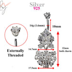 Silver Belly Button Ring, Navel Ring - Dangle Drop Belly Bar with High Quality CZ Crystals - Curved Barbell - 14g (1.6mm) Length is 10mm