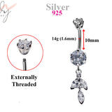 Silver Belly Button Ring, Belly Bars- Drop Dangle Belly Ring with High Quality Crystals - Navel Ring - 14g (1.6mm) Length is 10mm