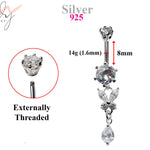 Silver Dangle Belly Bars, Navel Ring - Butterfly Drop Belly Ring with High Quality CZ Crystals - Curved Barbell - 14g (1.6mm) Length is 8mm