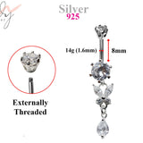 Silver Dangle Belly Bars, Navel Ring - Butterfly Drop Belly Ring with High Quality CZ Crystals - Curved Barbell - 14g (1.6mm) Length is 8mm