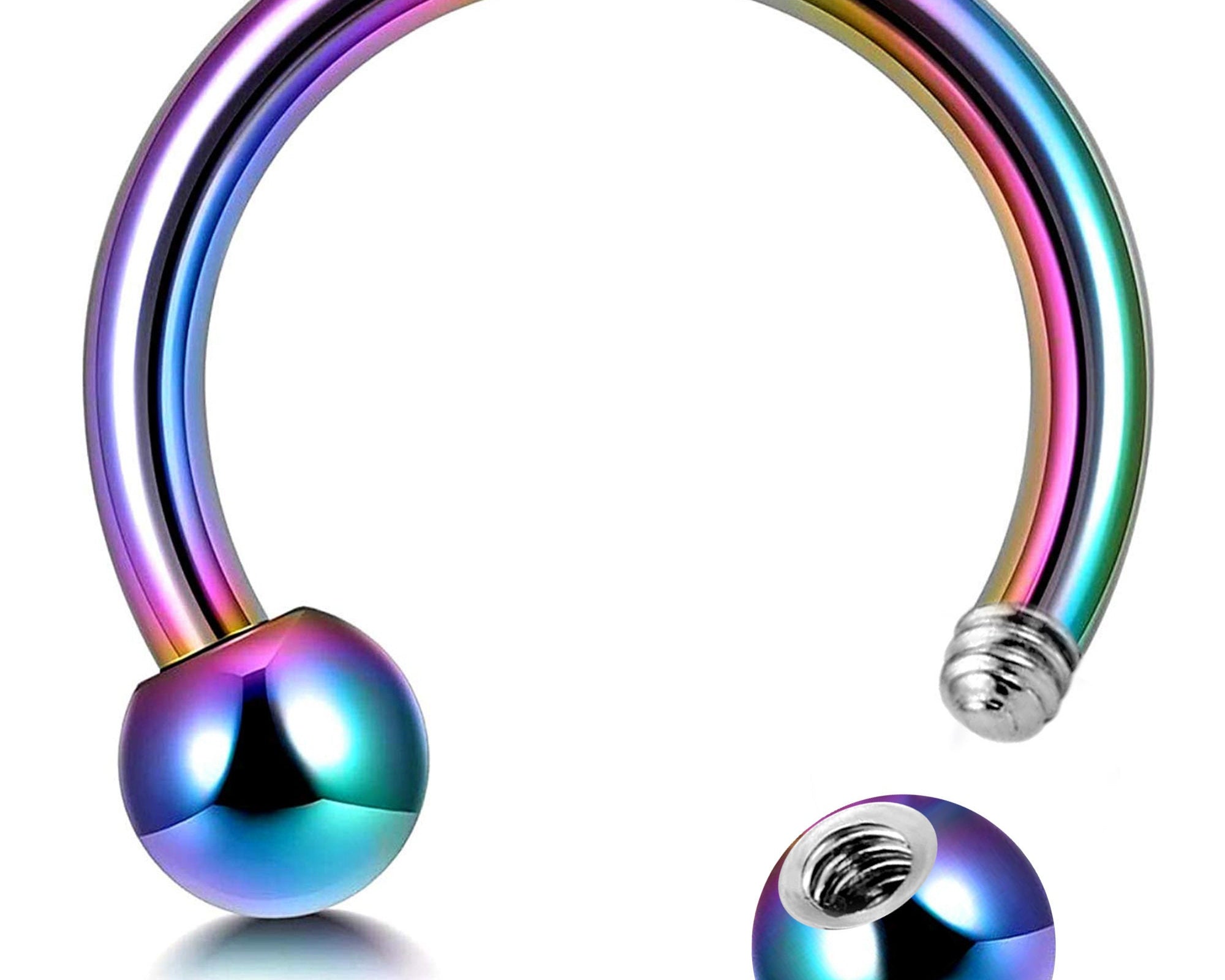 Horseshoe Ring Piercing 18g to 00g Rainbow Septum Jewelry Bull Piercing Also for Nipple, PA Ring, Lips Internal / External Threaded