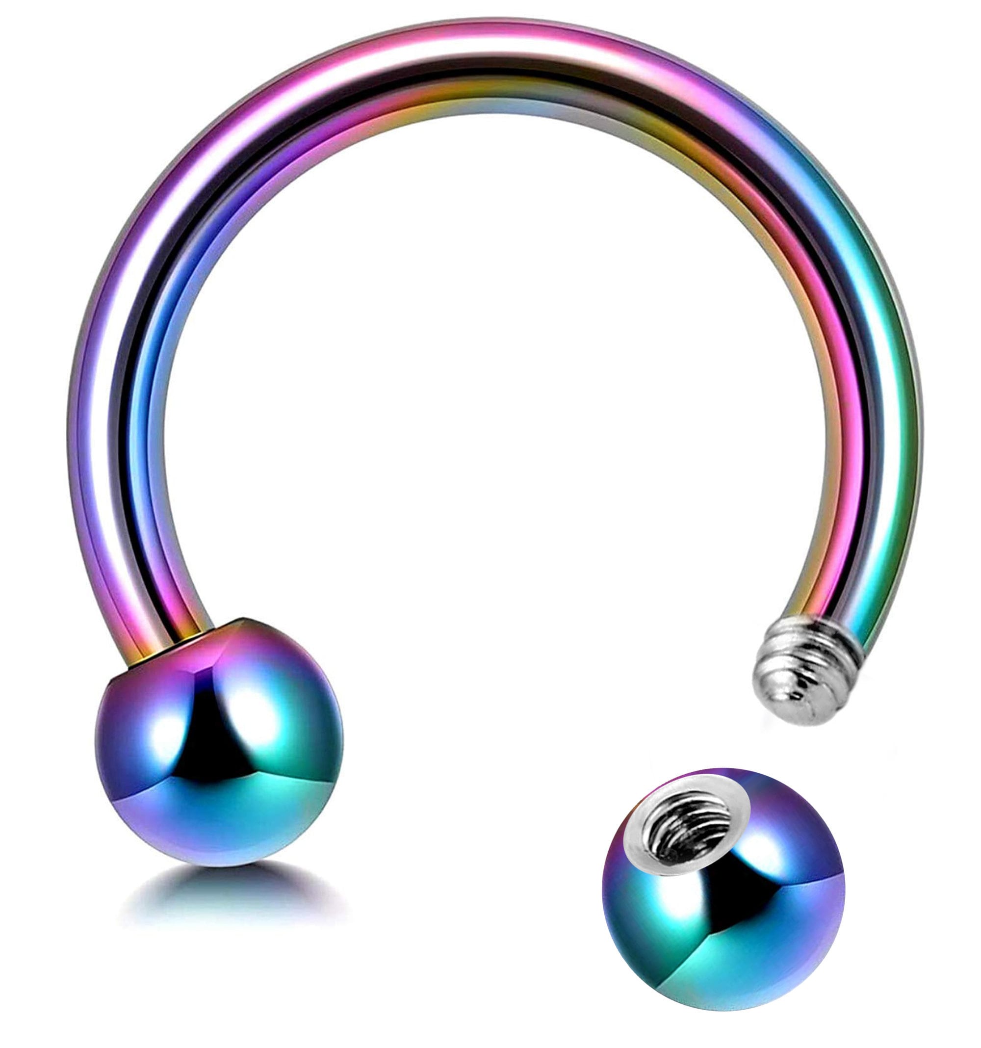 Titanium Horseshoe Ring Piercing 18g to 00g Rainbow Septum Jewelry Bull Piercing Also for Nipple, PA Ring, Lips Internal / External Threaded