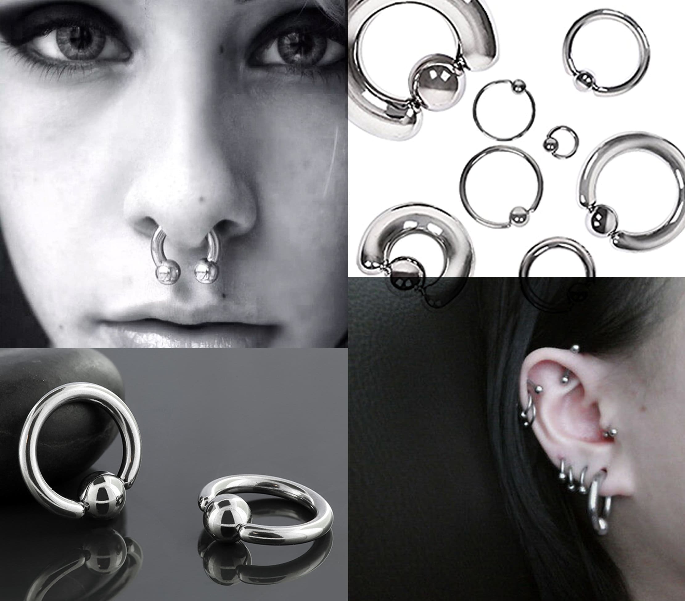 Titanium Ball Hoop Septum Ring, CBR Closure Ball Nose Ring, Spring Ball BCR - Large Gauge Nose Hoops in Black, Gold, Rose Gold, Silver Color