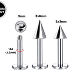 Titanium Labret Stud Piercing Ball, Cone, Spike - 3pcs - 16g Lip Piercing Also for Tragus Helix Cartilage Madonna Medusa Side Labret