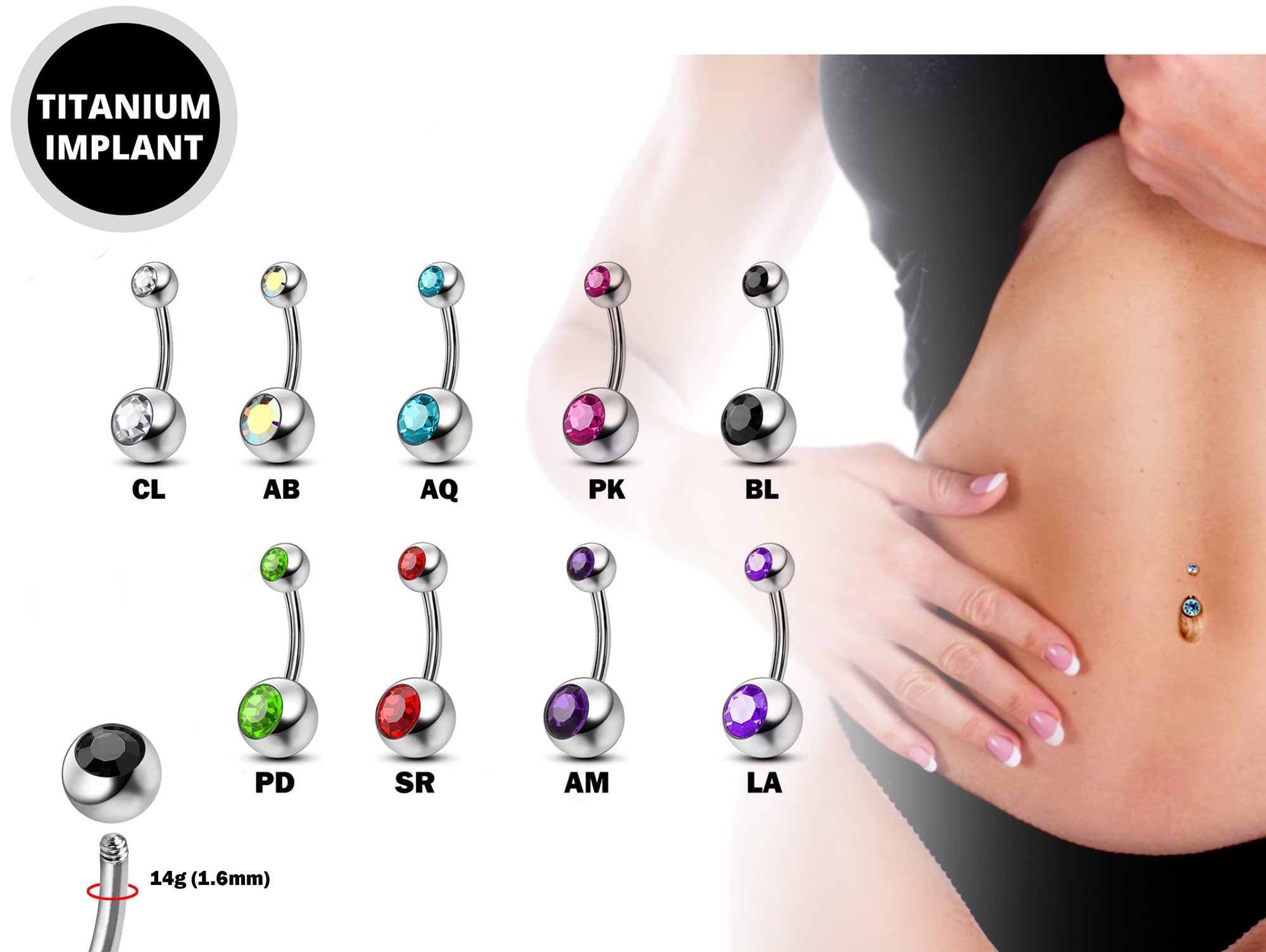 Titanium Belly Ring, Navel Ring - 14g Double Jeweled Belly Crystal Body Jewellery - Short and Long Belly Bars