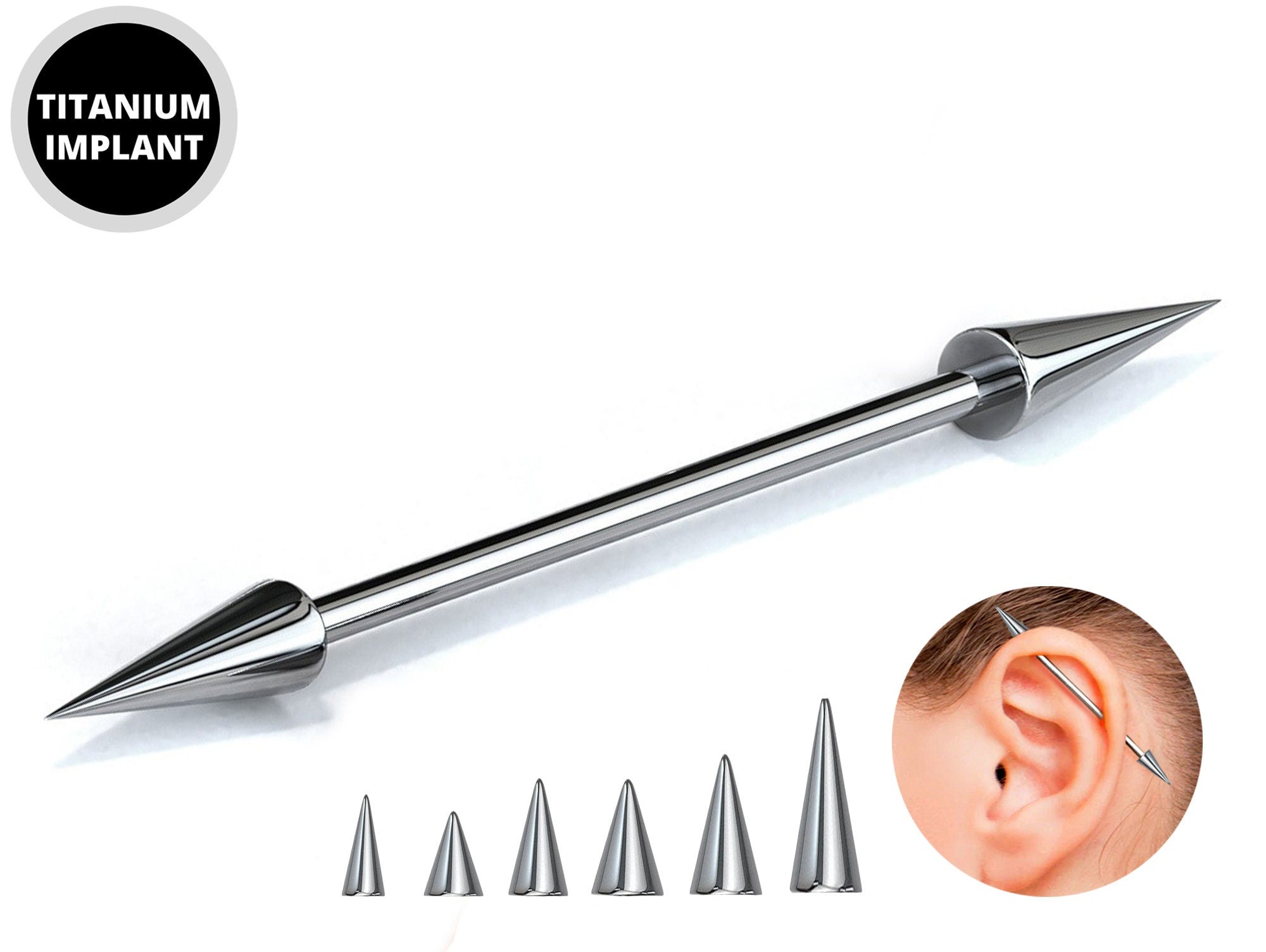 Titanium Cone / Spike Upper Ear Industrial Barbell Piercing Studs 16g 14g Barbell Earrings Straight Barbell- Externally Threaded