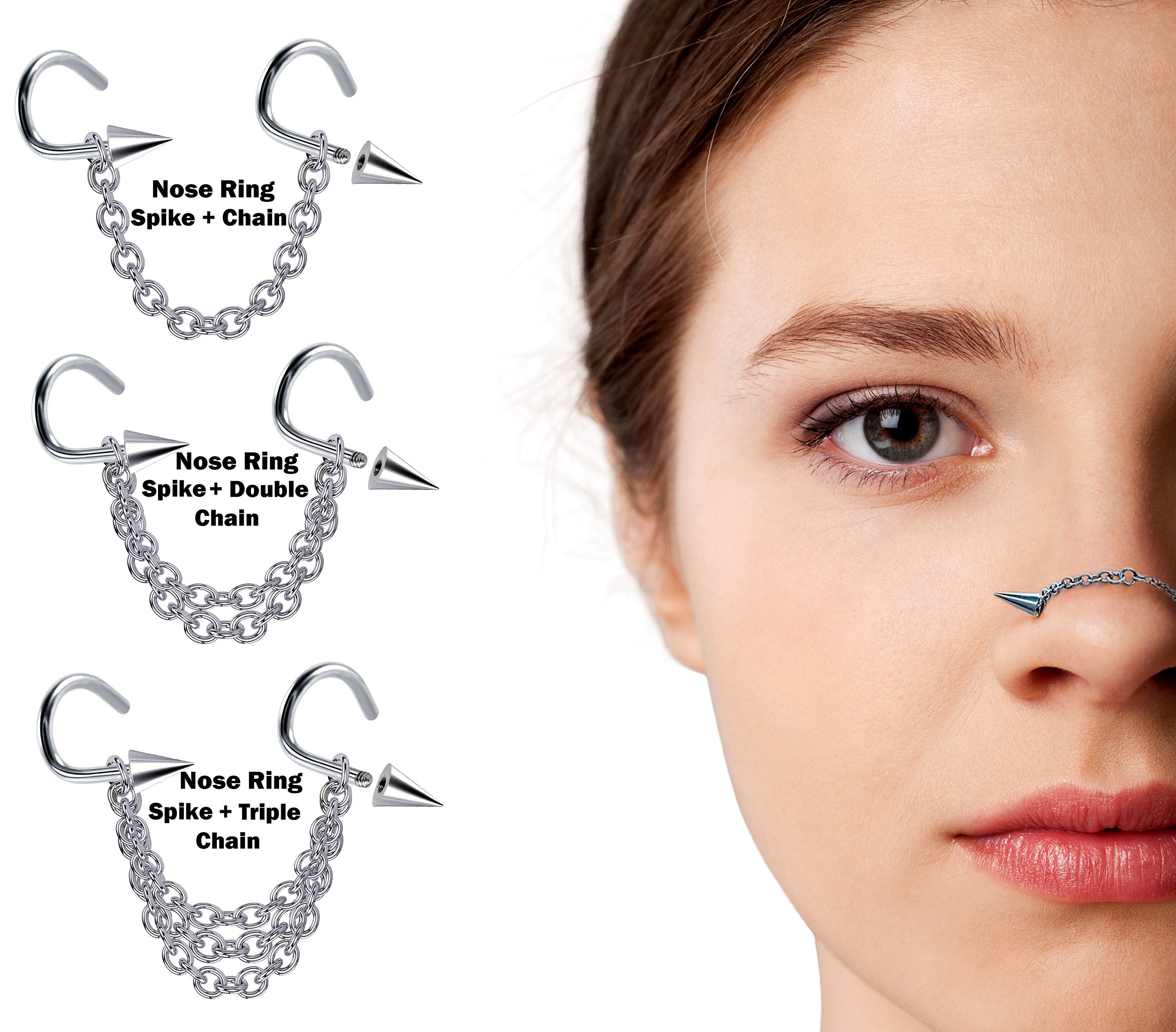 Titanium Nasallang Nostril Studs Nose Chain Piercing - 20g 18g 16g Spike/Ball/Cone Nose Stud Externally Threaded Nostril Jewelry