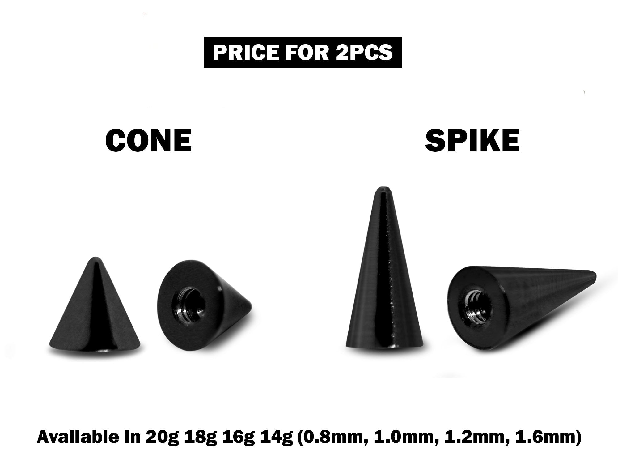 Piercing Spikes Replacement Loose Parts - Titanium Threaded Spike and Cones Attachment for 18g 16g 14g Barbells Body Piercing