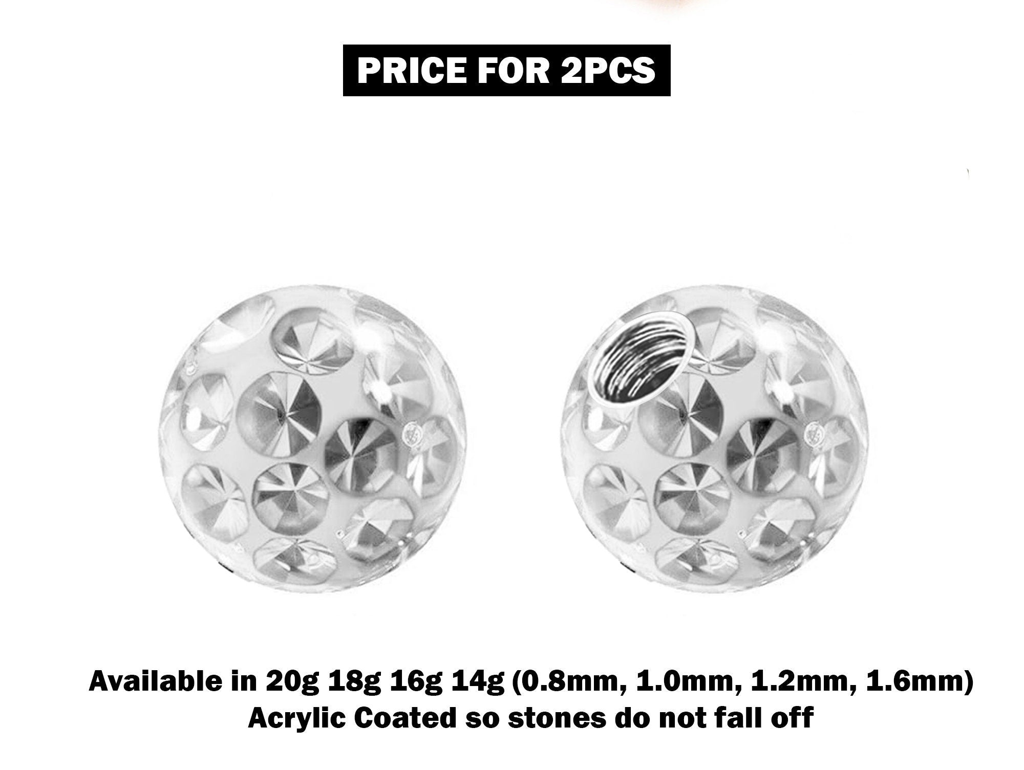 Piercing Ball Replacement Parts, Loose Ball - 2pcs Threaded Acrylic Coated Disco Ball Attachment for 18g 16g 14g Barbells Body Piercing