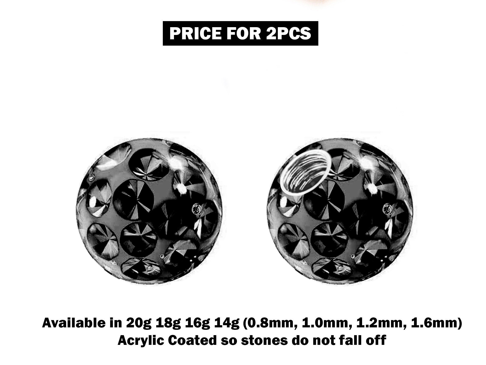 Piercing Ball Replacement Parts, Loose Ball - 2pcs Threaded Acrylic Coated Disco Ball Attachment for 18g 16g 14g Barbells Body Piercing