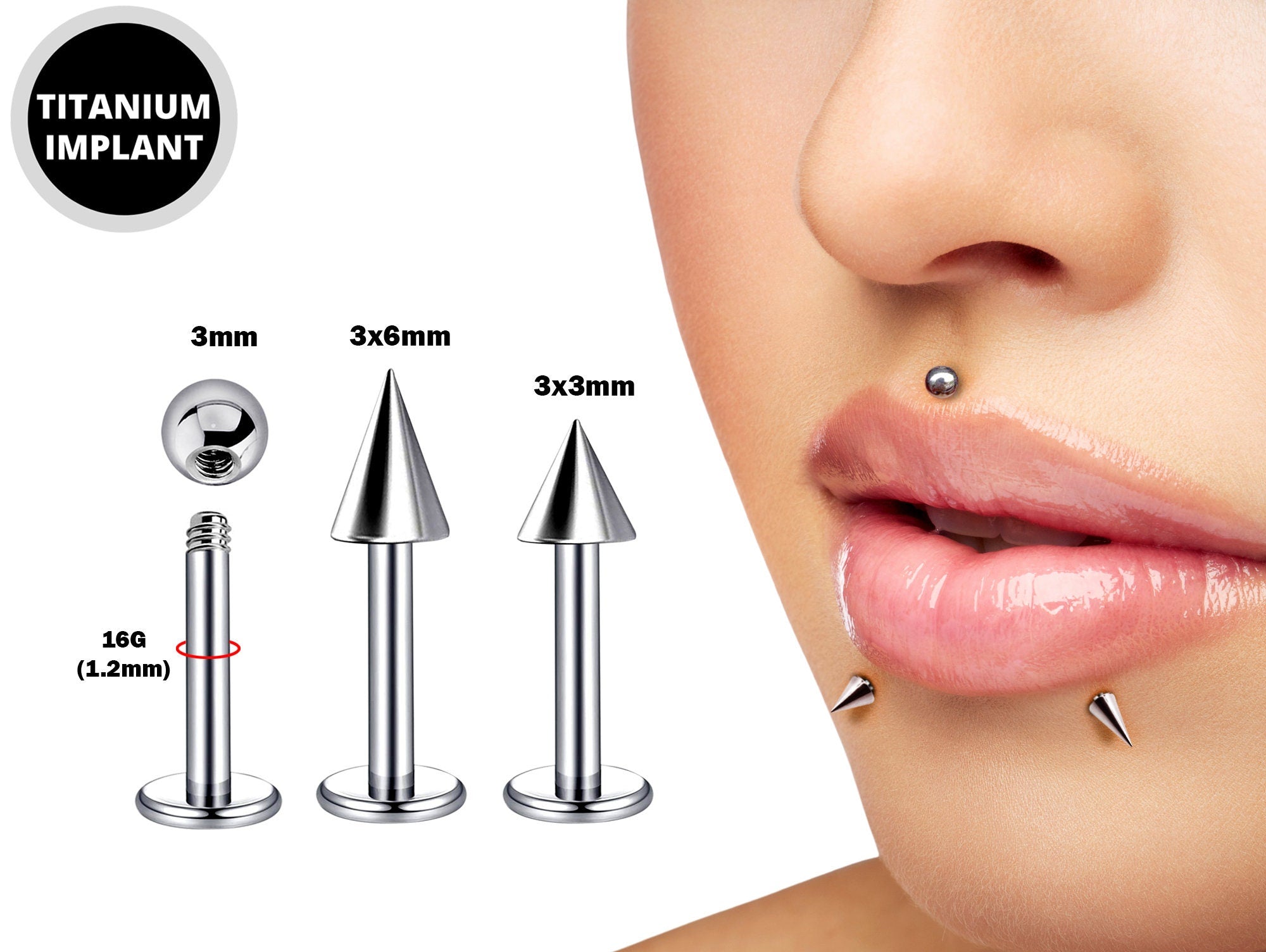 Titanium Labret Stud Piercing Ball, Cone, Spike - 3pcs - 16g Lip Piercing Also for Tragus Helix Cartilage Madonna Medusa Side Labret