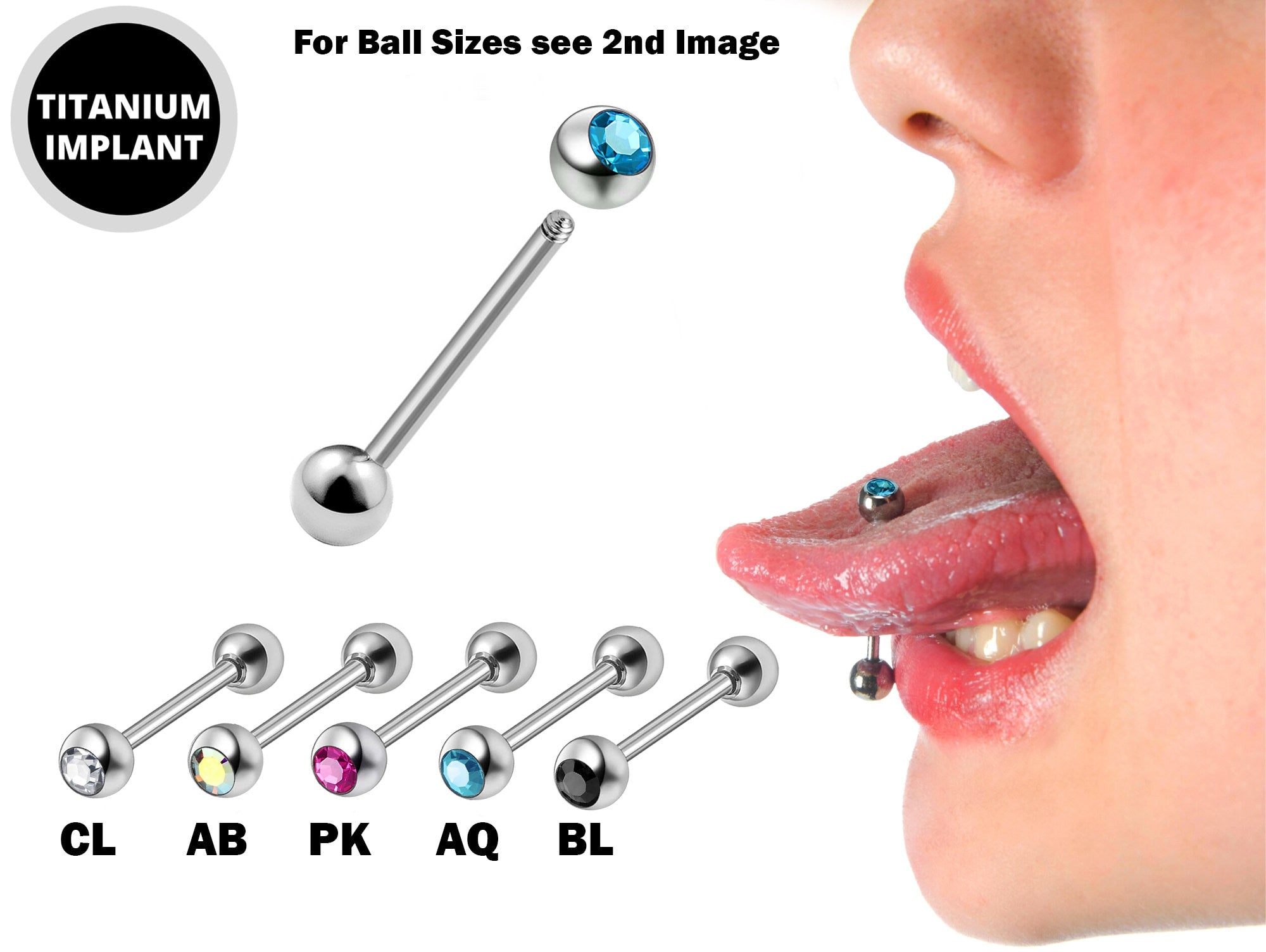 Titanium Tongue Piercing Bar, Barbell Stud with Gem Ball CZ Crystals - 18g 16g 14g Body Piercing Also for Nose Bridge, Nipple Bar