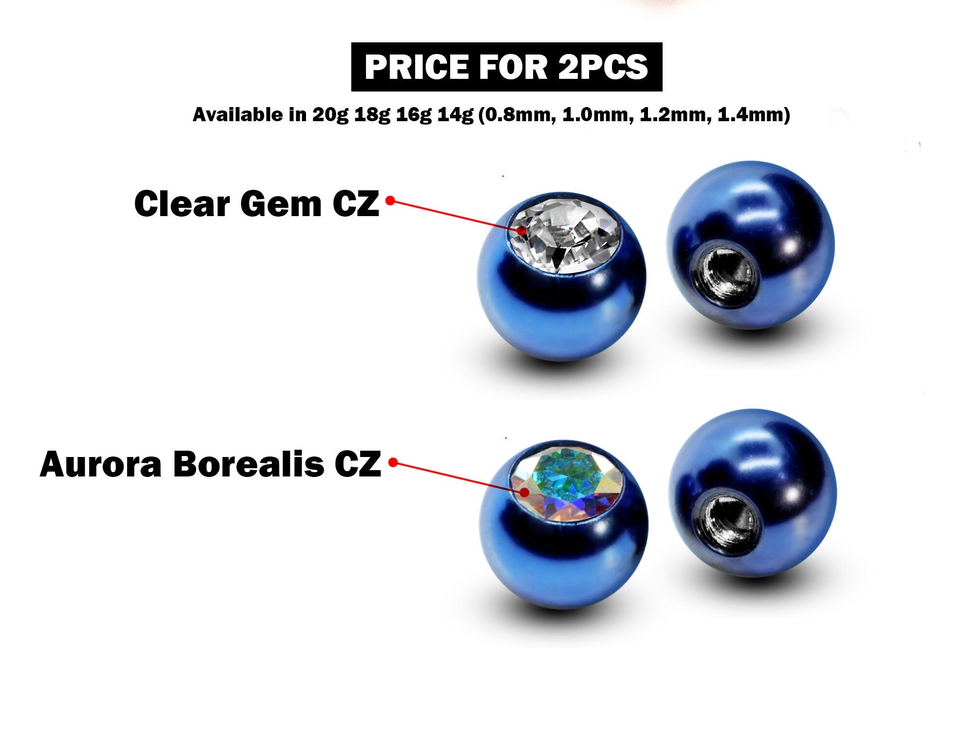 Titanium Coloured Plain Ball Replacement Parts - 2pcs Threaded Piercing Ball with CZ Gem - Attachment for 18g 16g 14g Barbells Body Piercing