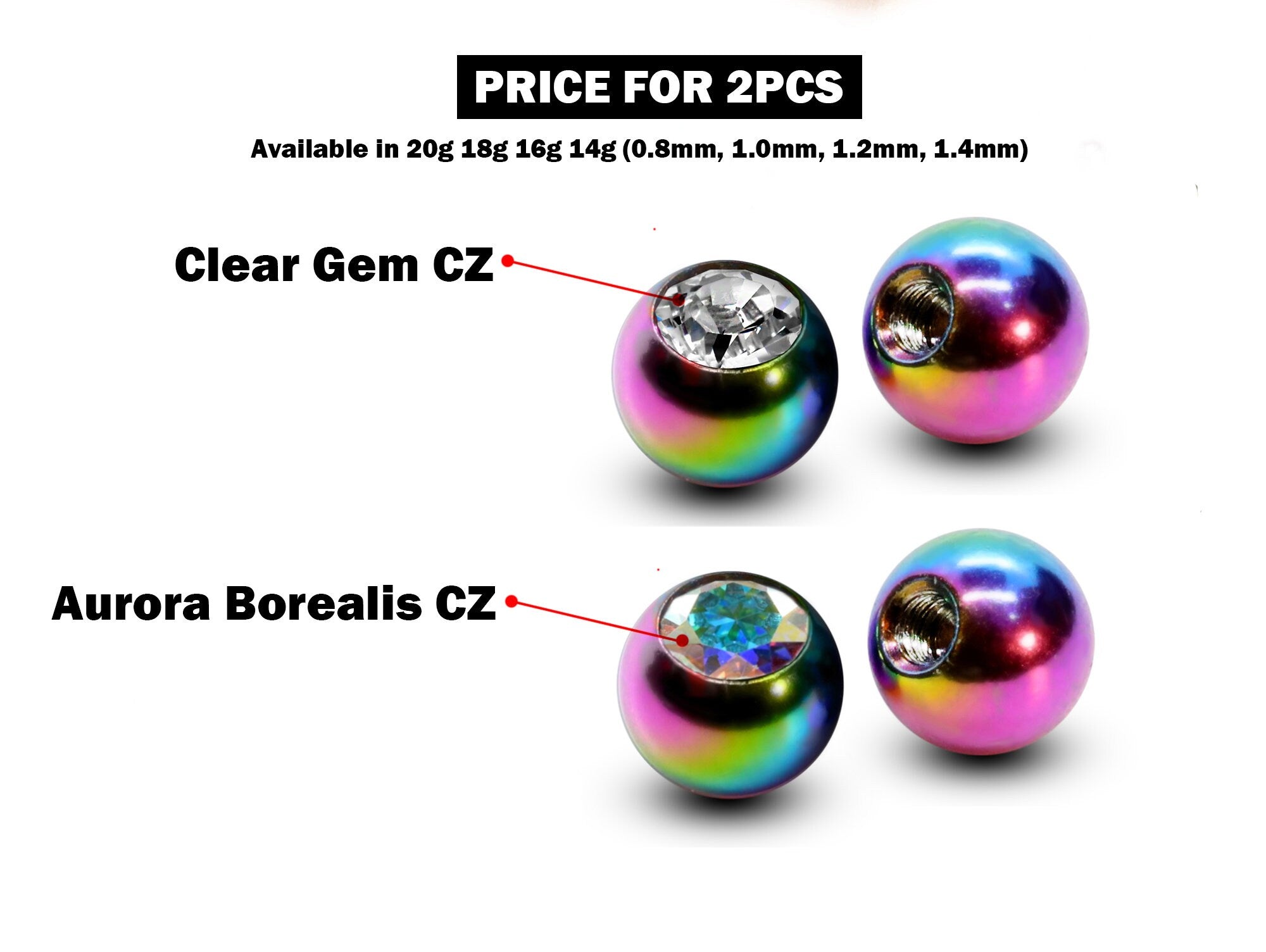 Titanium Coloured Plain Ball Replacement Parts - 2pcs Threaded Piercing Ball with CZ Gem - Attachment for 18g 16g 14g Barbells Body Piercing