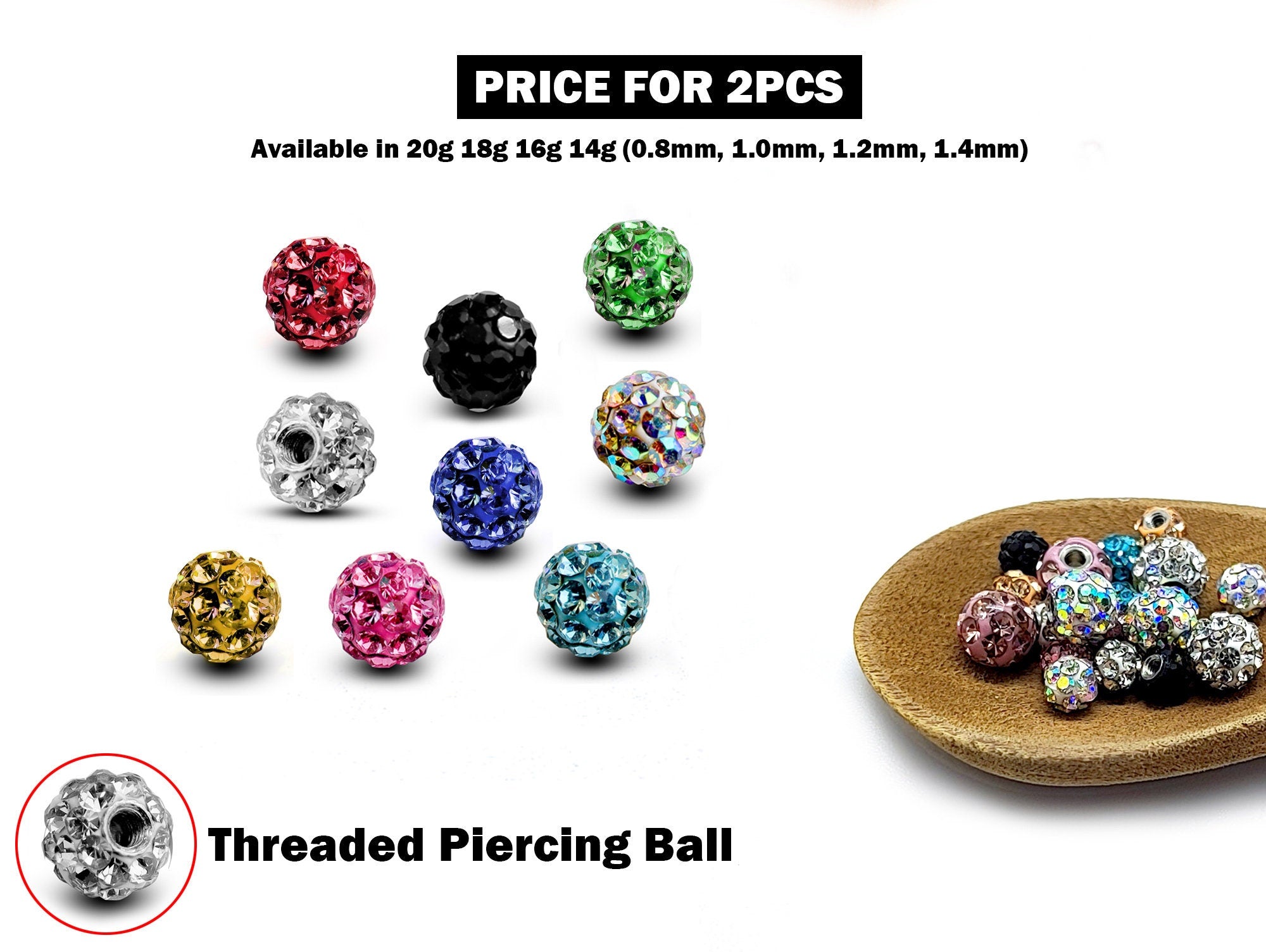 Piercing Ball Replacement Parts, Loose Ball - 2pcs Threaded Disco Ball with CZ Crystals Attachment for 18g 16g 14g Barbells Body Piercing