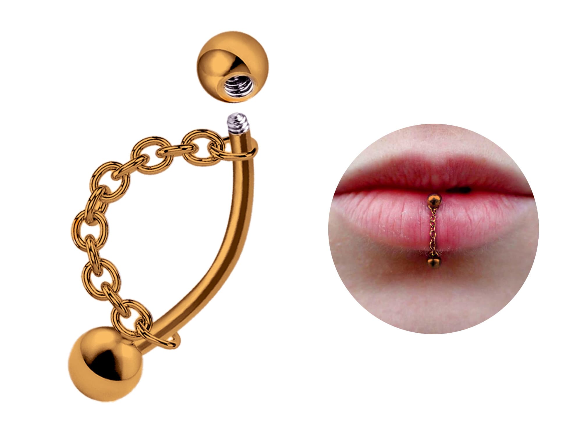 Titanium Lip Ring Vertical Labret Piercing with Chains - 18g 16g 14g Lip Piercing Curved Bar, Body Jewelry Gold, Rose Gold, Black & Steel