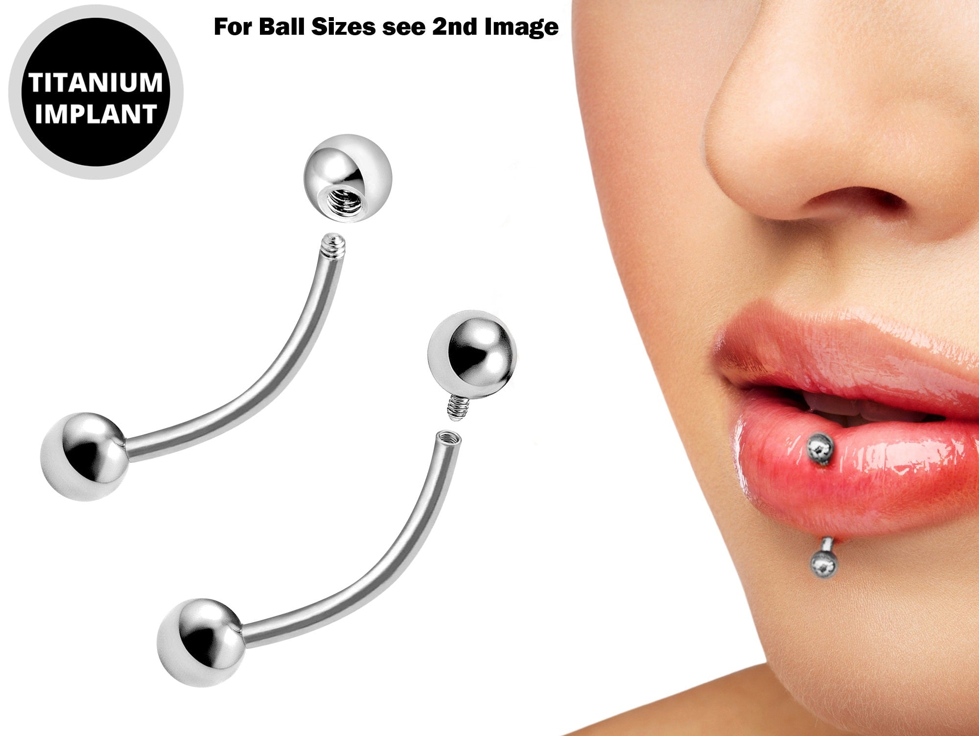 Titanium Vertical Labret Stud Lip Piercings - External / Internal 18g 16g 14g Curved Bar - Also Piercing Stud for Anti- Eyebrow, Rook Stud