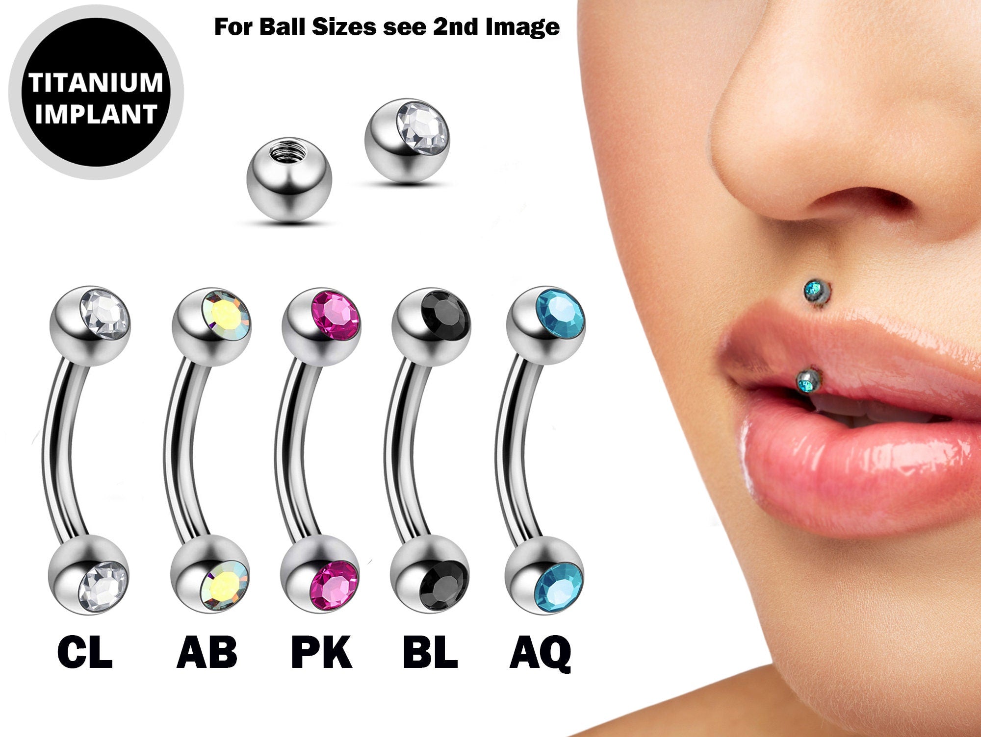 Titanium Jestrum Jewelry, Vertical Medusa Lip Jewelry with Gem Ball Crystals - 18g 16g 14g Curved Bar - Also Piercing Stud for Eyebrows