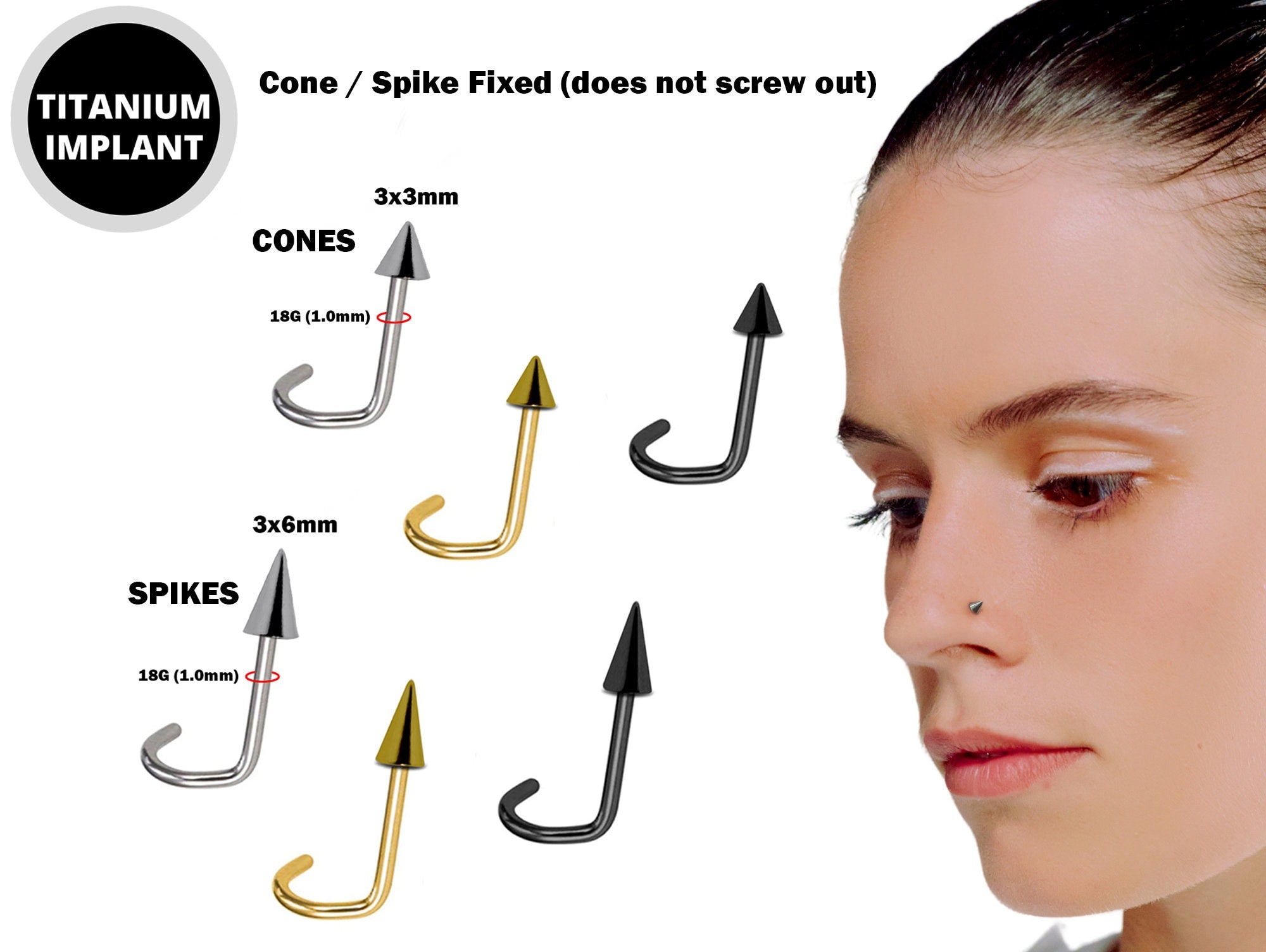 Titanium Cone / Spike Indian Nostril Studs 18g Nose pin fixed top no screw in Steel, Gold and Black Color - Vacuum Plated Nose Piercing