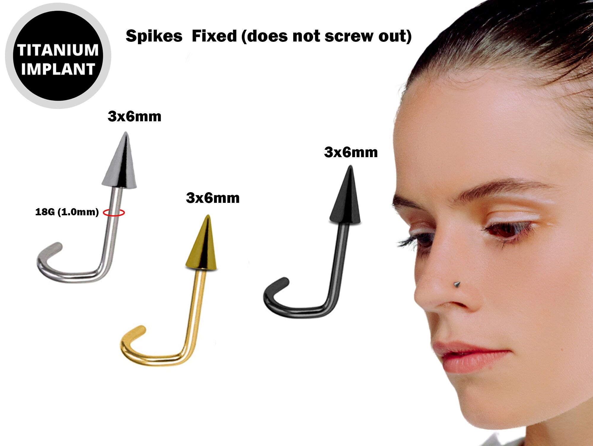 Titanium Cone / Spike Indian Nostril Studs 18g Nose pin fixed top no screw in Steel, Gold and Black Color - Vacuum Plated Nose Piercing