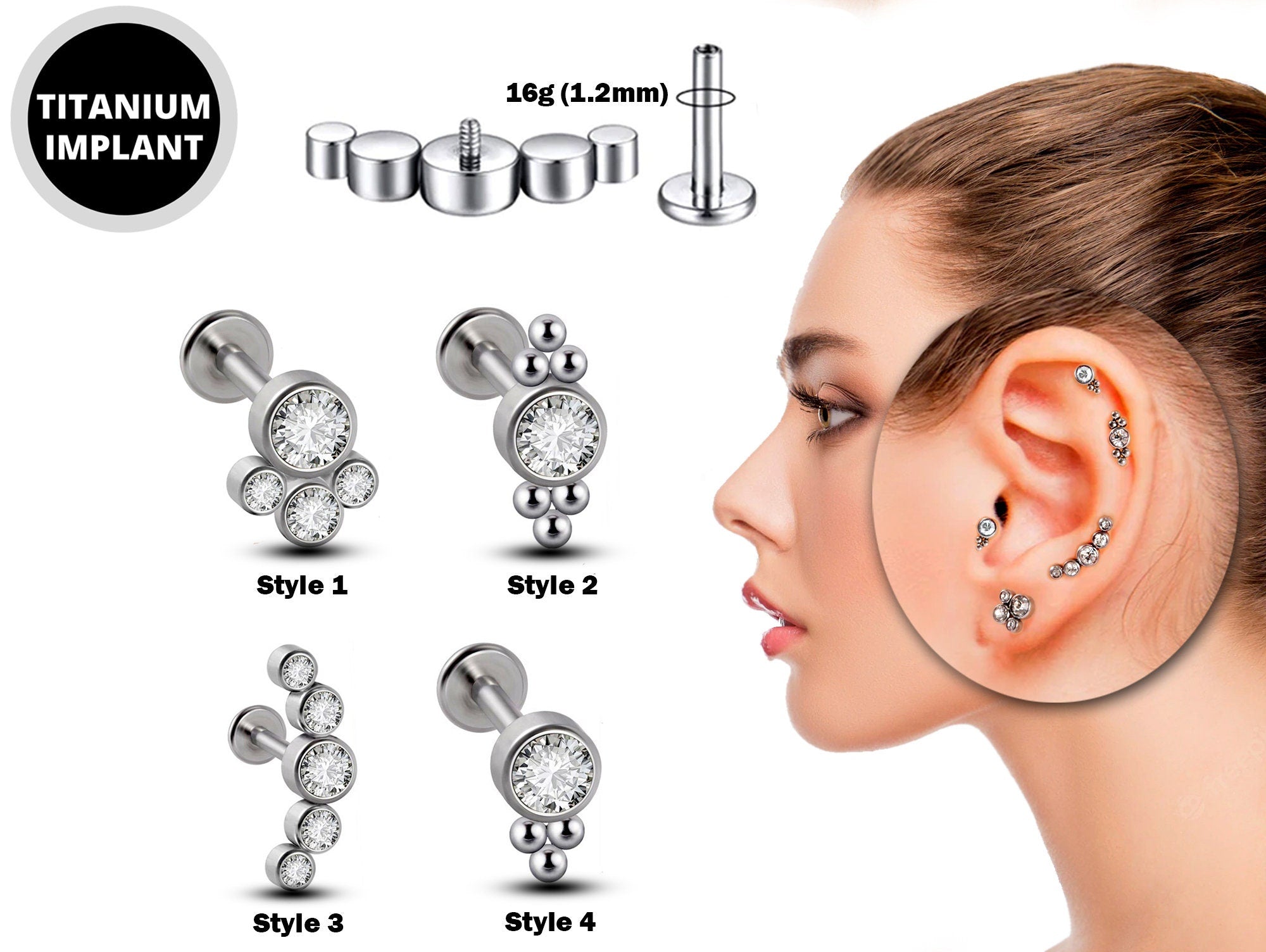 Titanium Tragus Earring 16g Lobe Piercing Earring Jewelry with CZ Crystals - Labret Ear Stud Cartilage, Helix, Upper Ear, Conch, Lip Studs