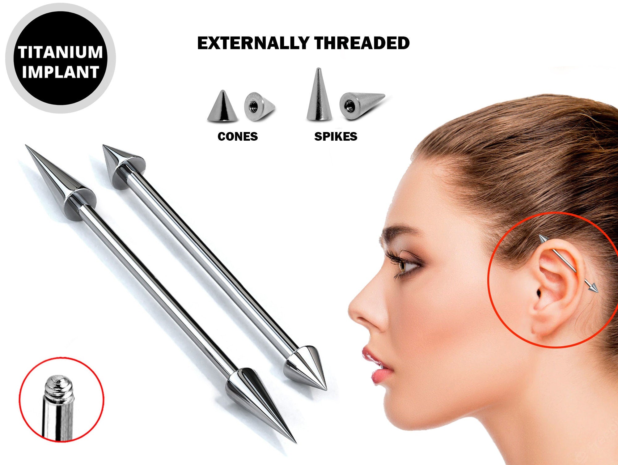 Titanium Cone / Spike Upper Ear Industrial Barbell Piercing Studs 16g 14g Barbell Earrings Straight Barbell- Externally Threaded