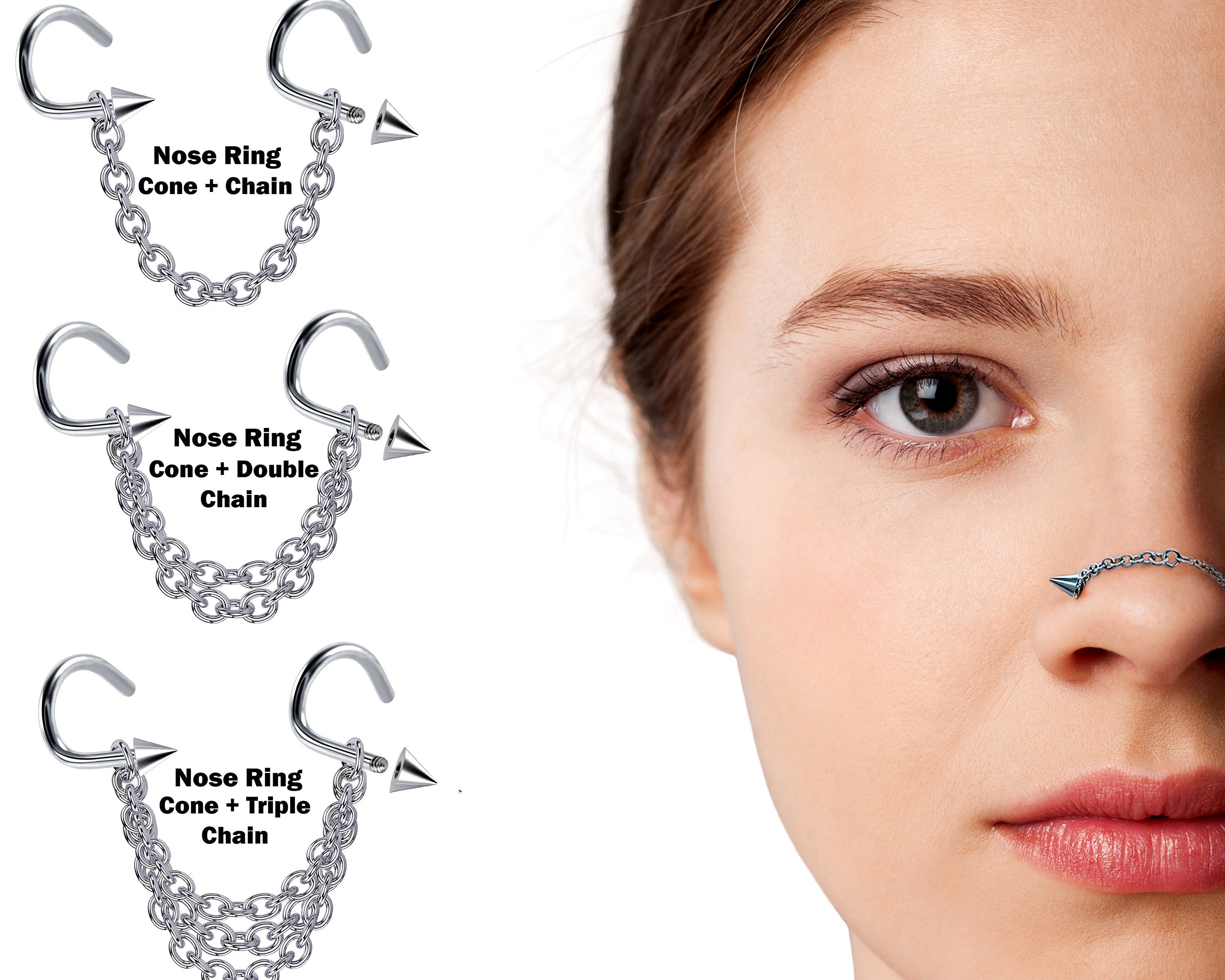 Titanium Nasallang Nostril Studs Nose Chain Piercing - 20g 18g 16g Spike/Ball/Cone Nose Stud Externally Threaded Nostril Jewelry