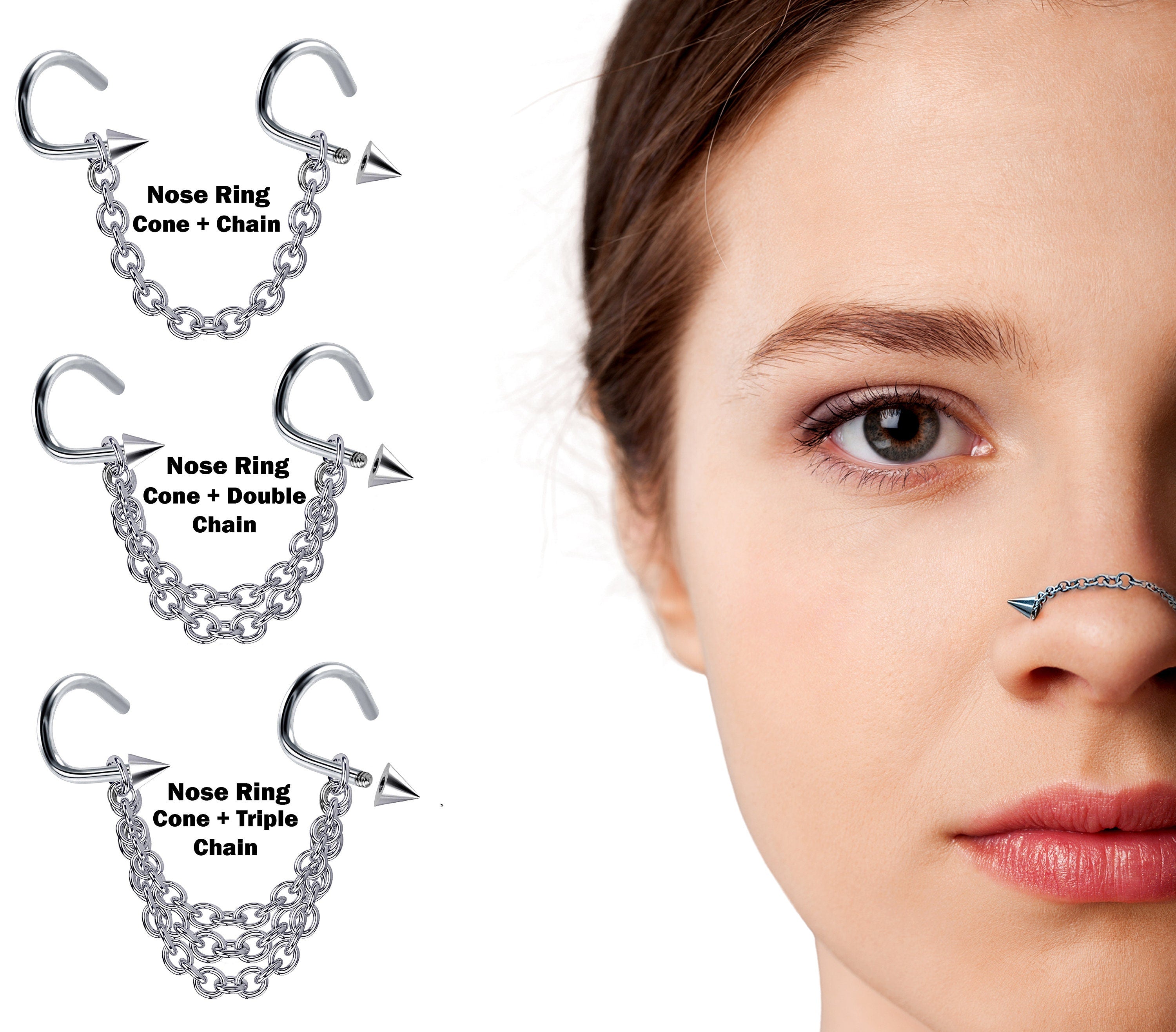 Titanium Nasallang Nostril Studs Nose Chain Piercing - 20g 18g 16g Spike/Ball/Cone Nose Stud Externally Threaded Nostril Jewelry