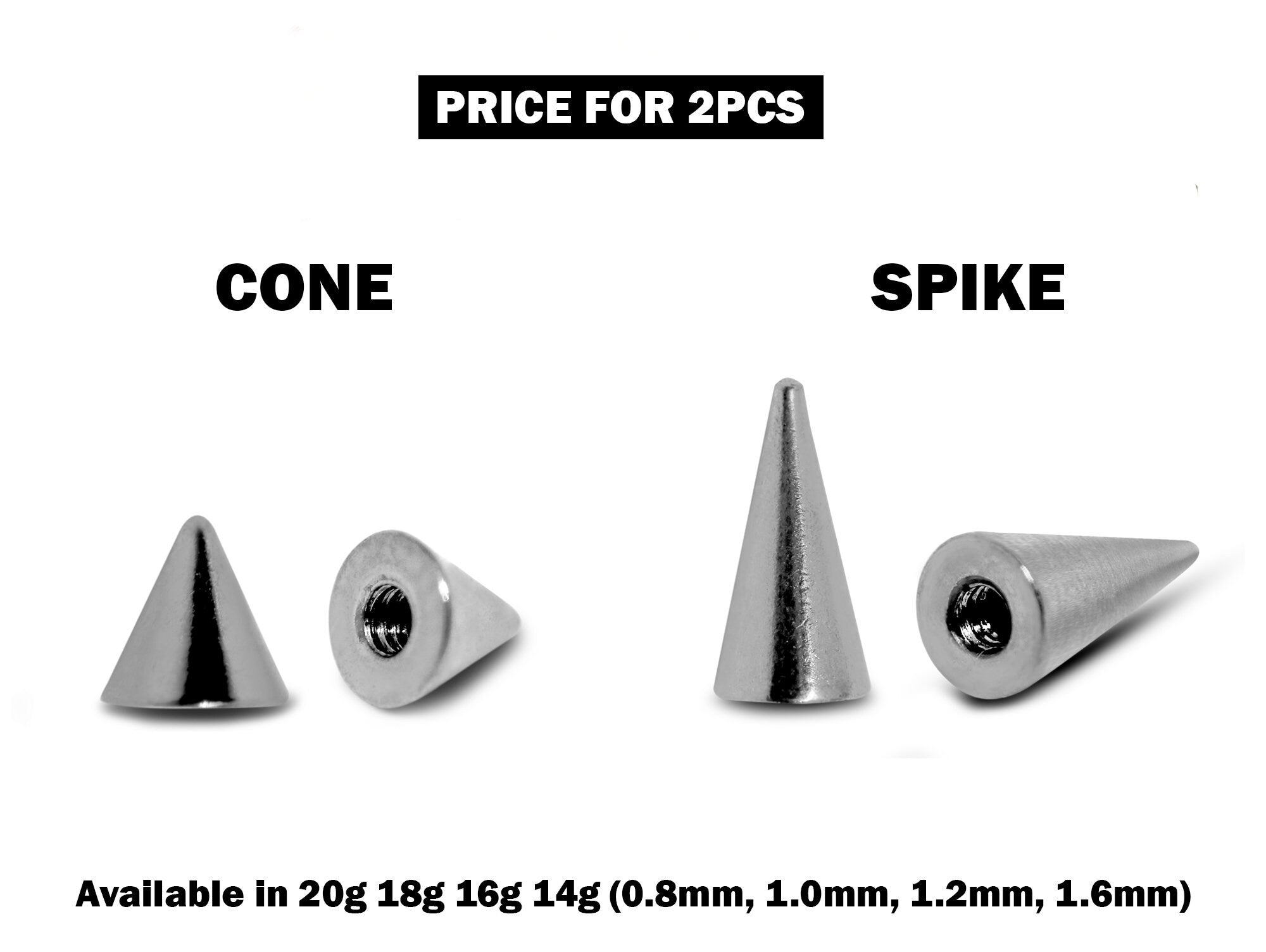 Piercing Spikes Replacement Loose Parts - Titanium Threaded Spike and Cones Attachment for 18g 16g 14g Barbells Body Piercing