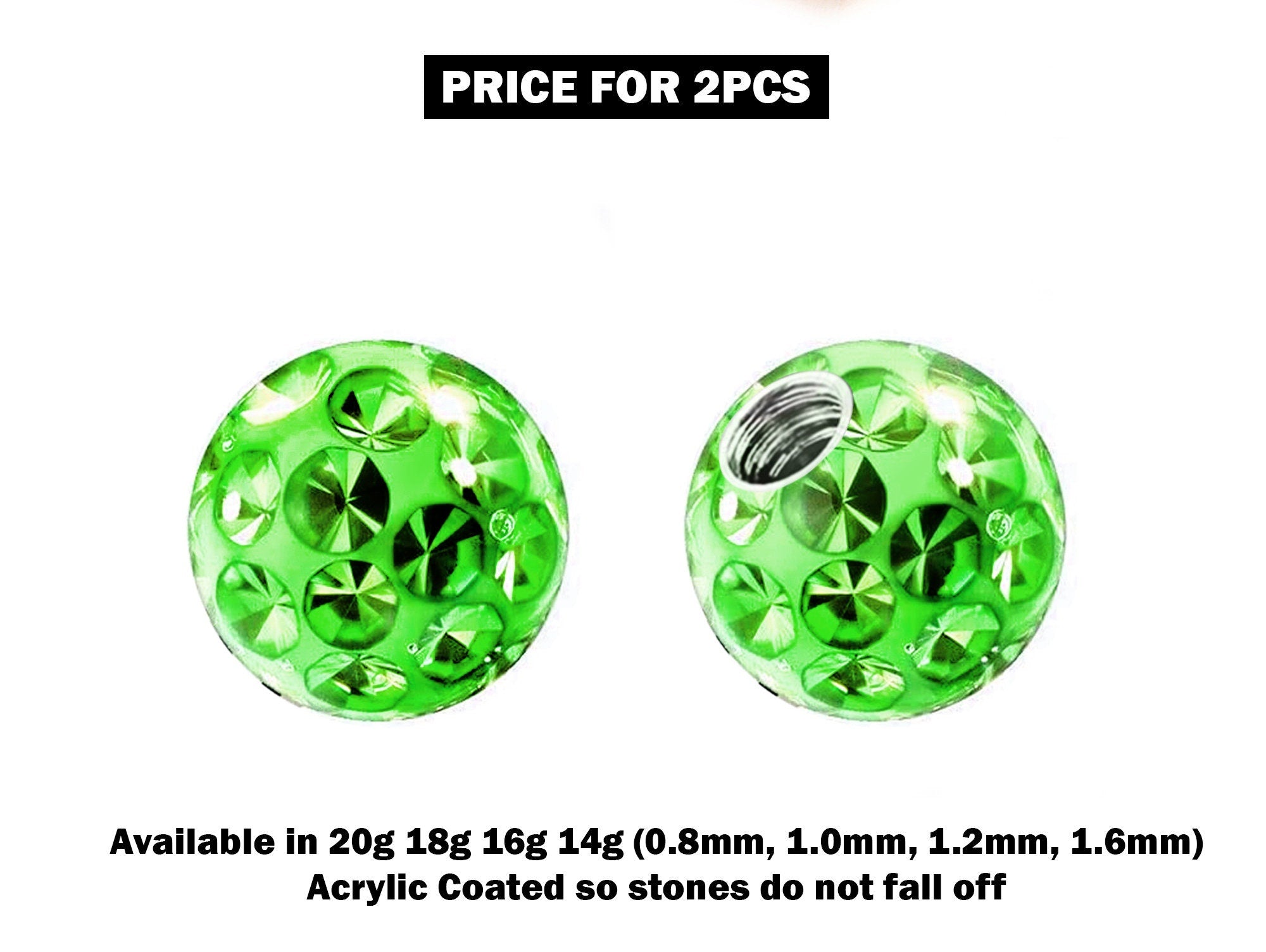 Piercing Ball Replacement Parts, Loose Ball - 2pcs Threaded Acrylic Coated Disco Ball Attachment for 18g 16g 14g Barbells Body Piercing