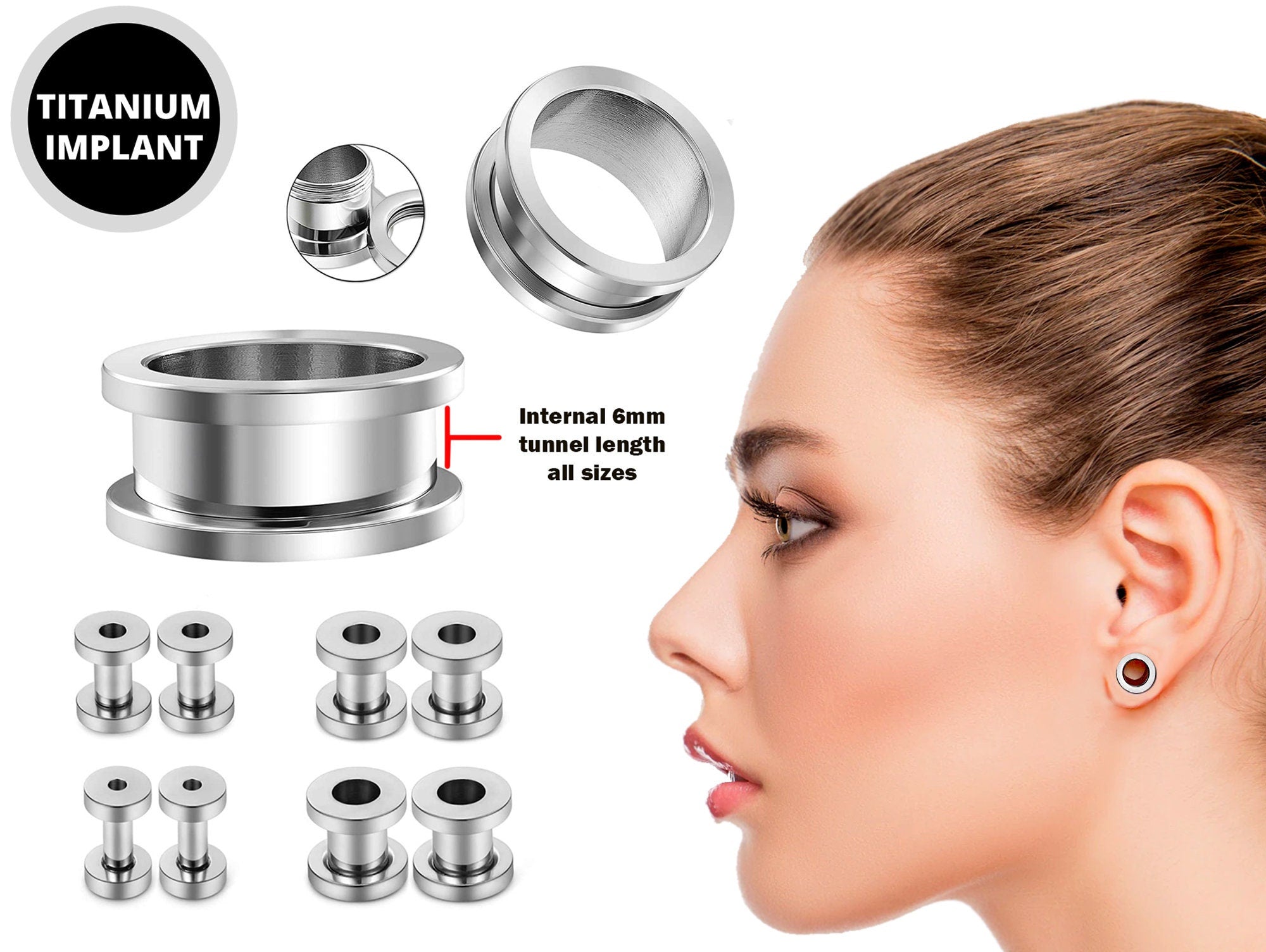 Titanium Steel Flesh Tunnel Plug Earrings - Screw back Ear gauges, Ear Stretching Kit - 8g 6g 4g 2g 0g 00g - Silver, Black, Gold & Rose Gold