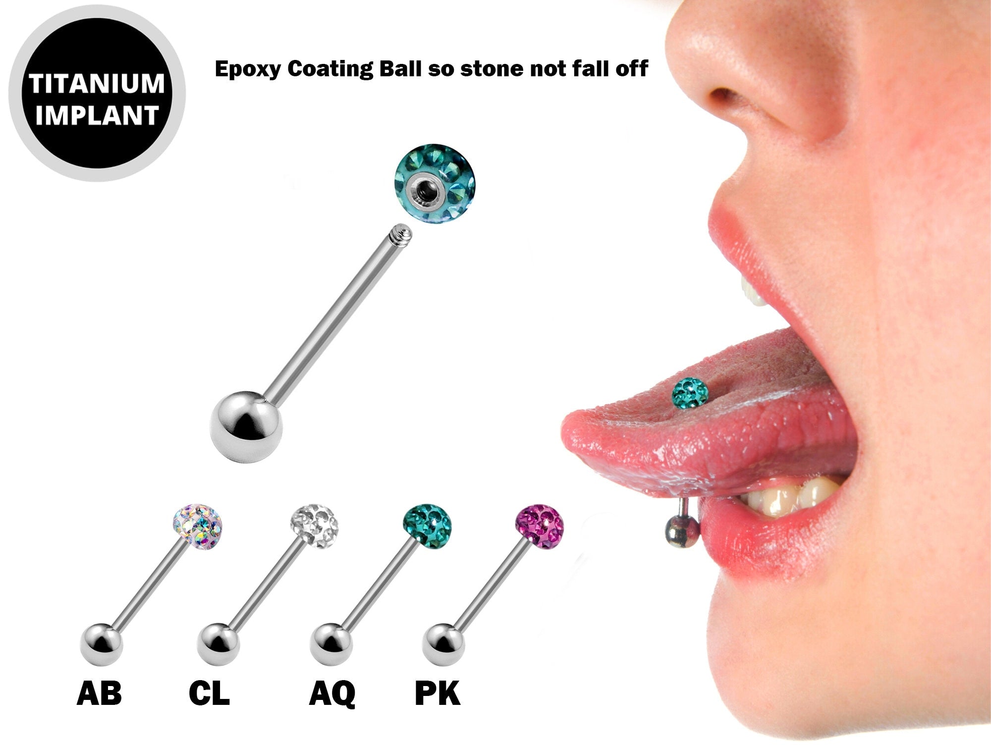 Titanium Tongue Bar, Barbell Stud Piercing with Epoxy Coating Disco Ball Crystals- Body Piercing Also for Nose Bridge, Nipple Bar