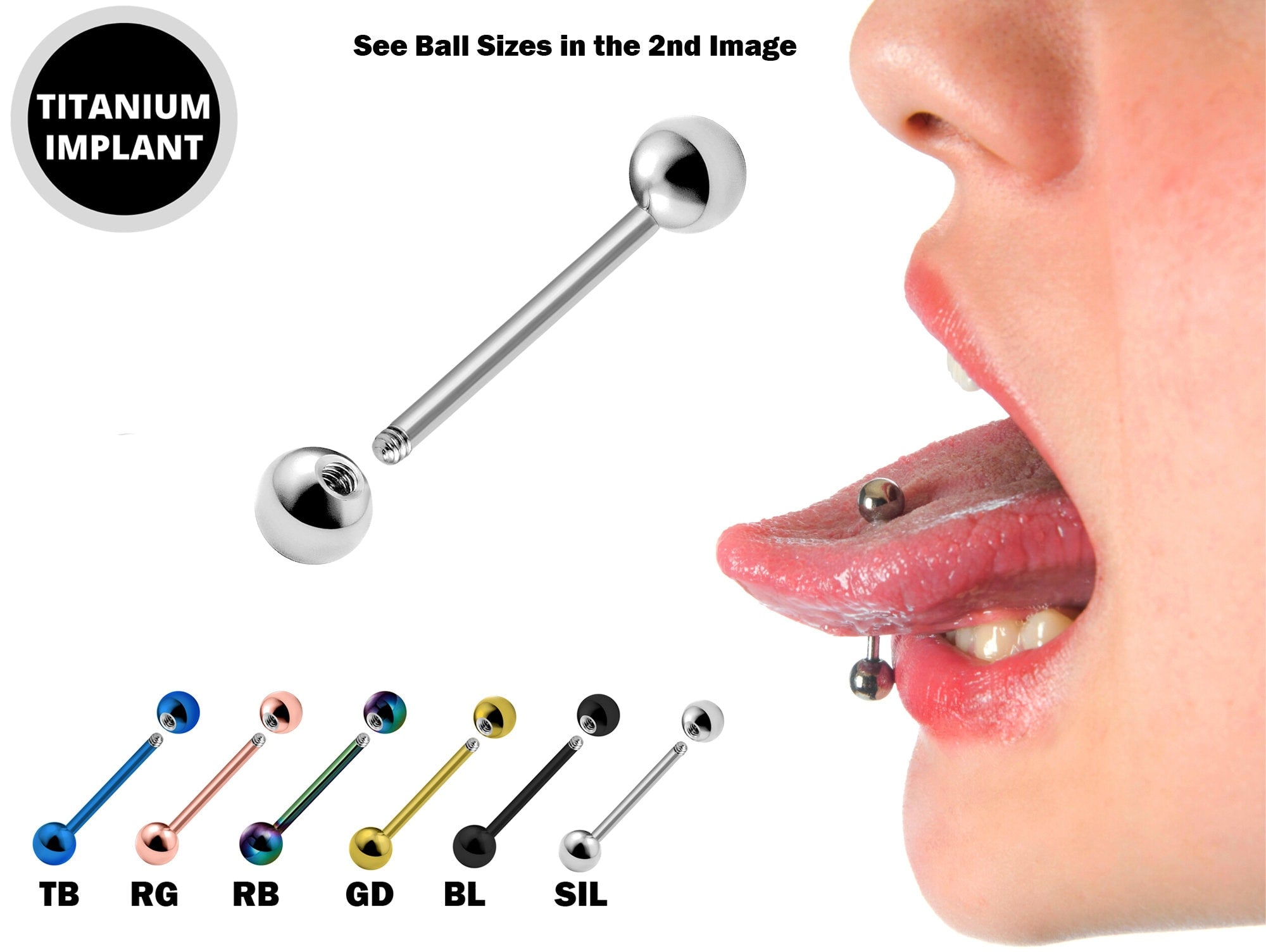 Titanium Tongue Bar, Barbell Stud Piercing - 20g 18g 16g 14g Externally Threaded - Body Piercing Also for Nose Bridge, Nipple Bar