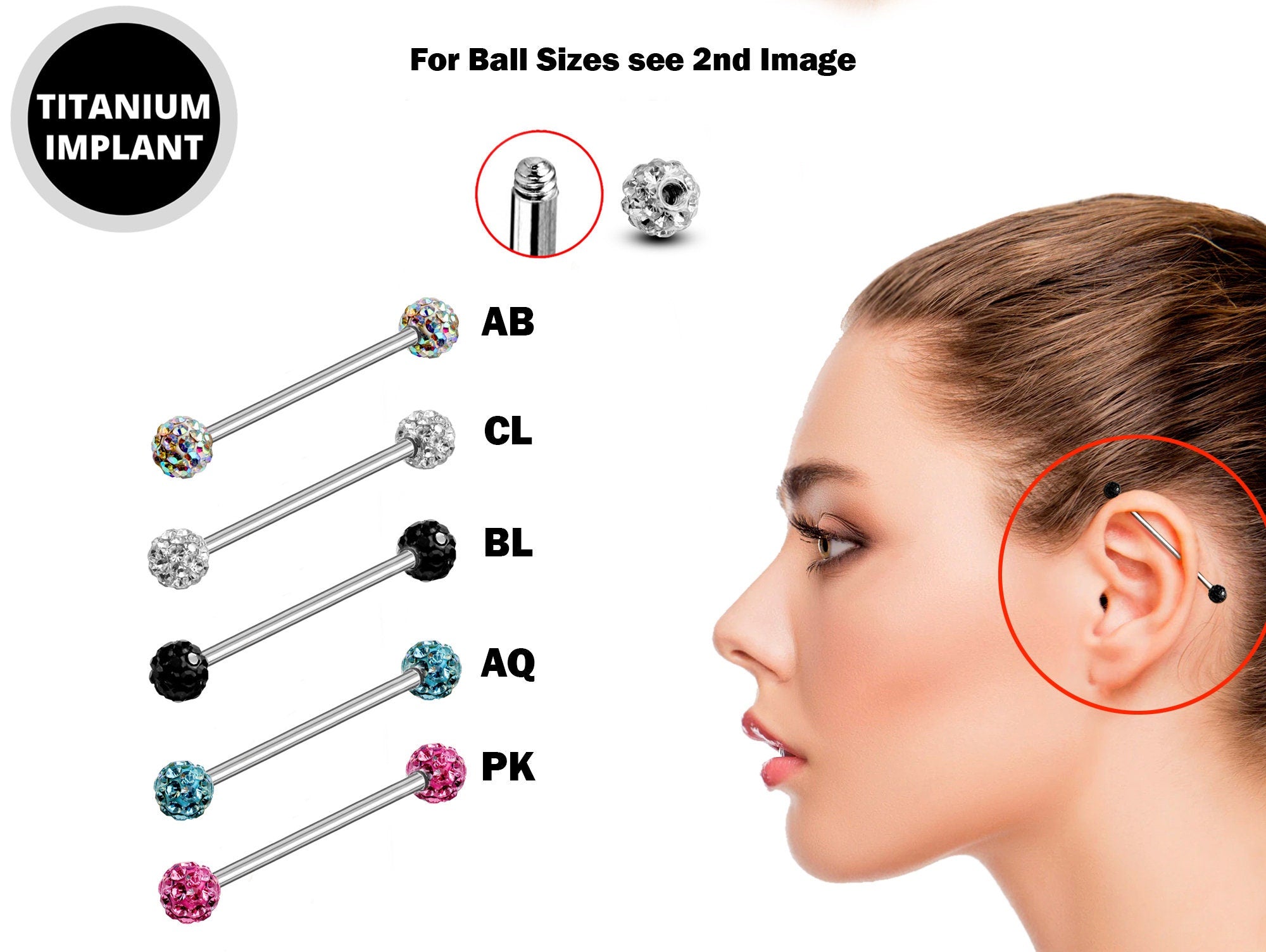 Titanium Upper Ear Industrial Barbell Piercing with Disco Ball CZ Crystals - 16g 14g Long Barbell - Externally Threaded