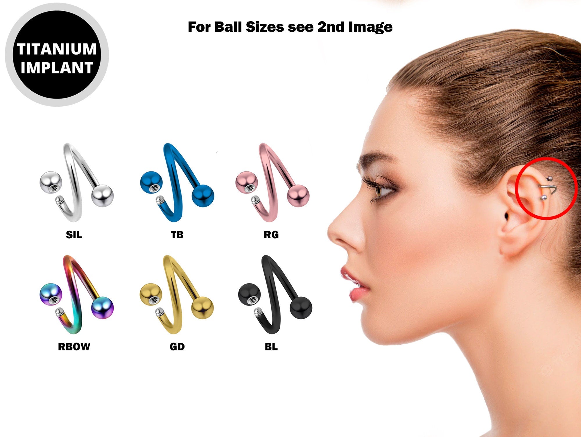 Titanium Spiral Cartilage Piercing, Twisted Helix Earring 16g 14g in many Colours - Also Piercing for Lip, Eyebrow and Lobe